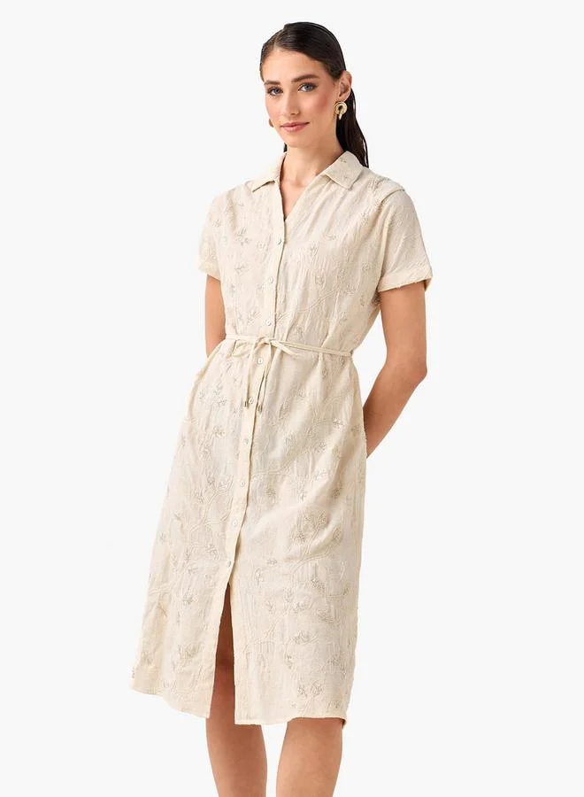 Iconic Belted Midi Shirt Dress with Embroidered Design